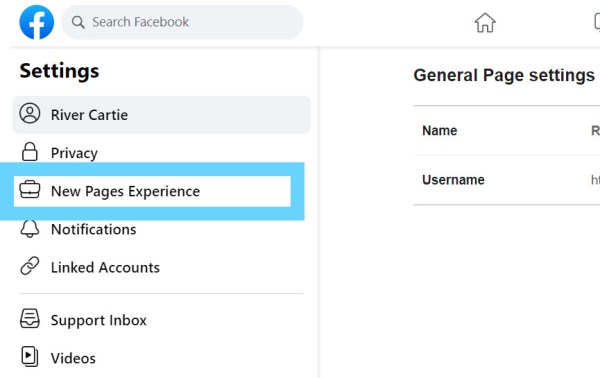 screenshot of the Facebook Business Page Settings menu