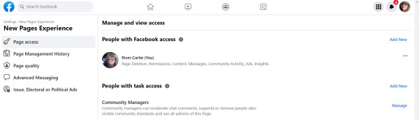 A screenshot of the Facebook Page roles setting screen, where Page Admins can choose access levels for employees.