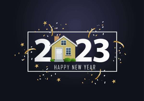 a Happy New Year real estate email image with a house as the zero in 2023