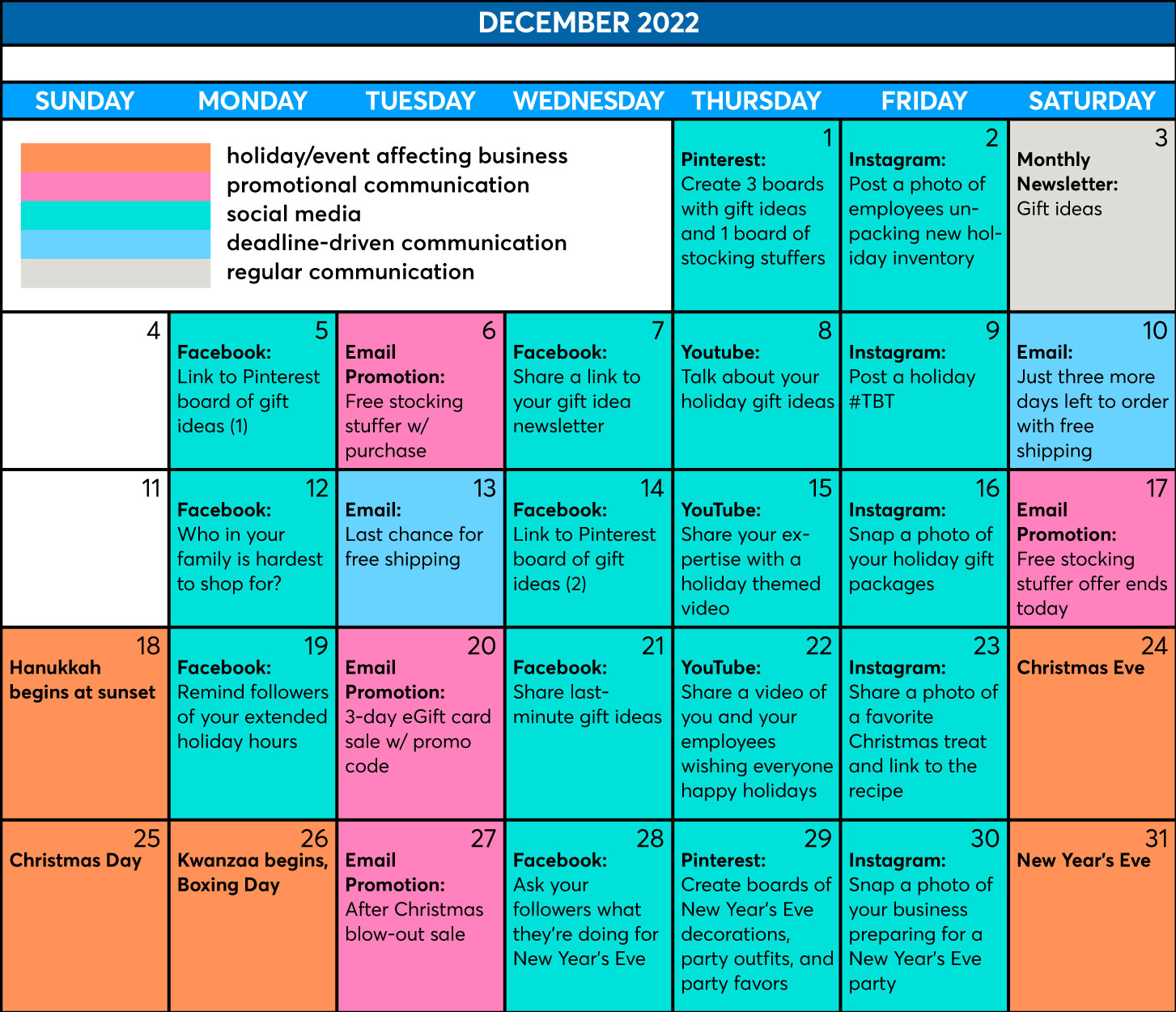 December 2022 holiday social media strategy calendar layout example