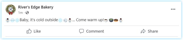 Example of a holiday Facebook post with text and an abundance of emojis  - snowflakes, snowmen, snowing, wind blowing, a cup of coffee, soup, and a donut. 