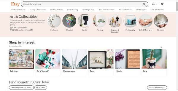 Etsy search results page showing eye-catching images of arts & collectibles