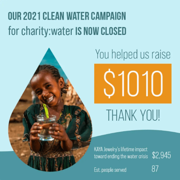 Kaya Jewelry's partnership with charity:water used this donor thank-you email
