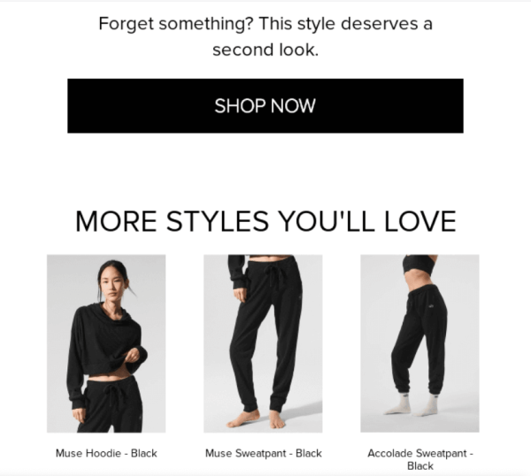 An email from Alo Yoga with three product images unique to the recipient.