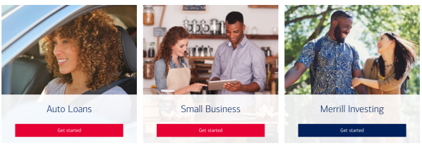 A trio of Bank of America services with color-coded CTA buttons. Each service features a related stock image.