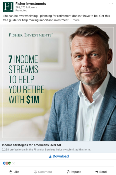 A LinkedIn ad from Fisher Investments featuring a stock image sharing a free resource as a CTA and lead magnet.