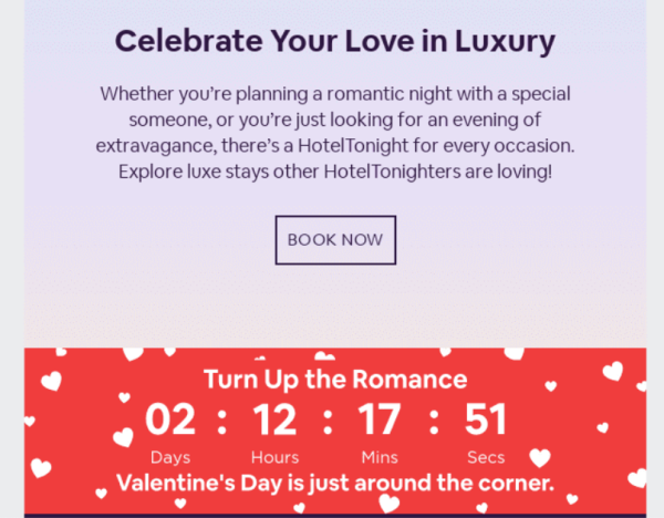 A Valentine's themed email graphic from HotelTonight with a countdown to create customer urgency.