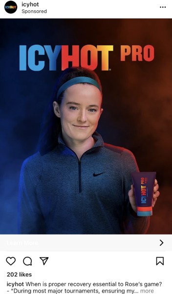 An Instagram ad from Icy Hot Pro featuring a model holding a pain relief cream.