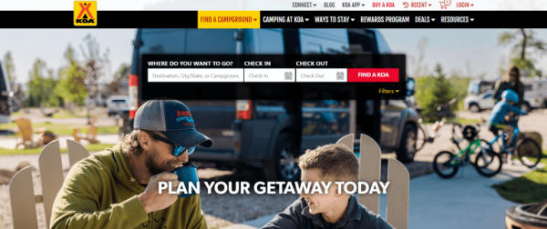The KOA homepage showcasing their Find a KOA search function.