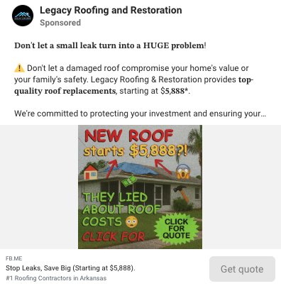 A Facebook ad from Legacy Roofing and Restoration featuring a graphic and a CTA button to get a quote.