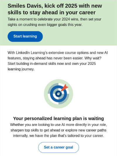 A LinkedIn Learning ad with CTA buttons to start a course and set a related career goal.