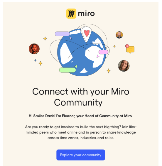 A Miro email featuring a cartoon globe image and a CTA button to get users  to explore their Miro community.