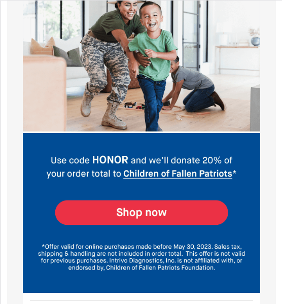 An On/Go email with a call to action encouraging users to shop while proceeds go towards charities.