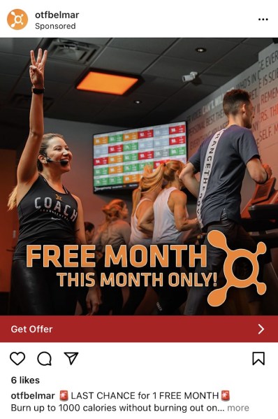 An Instagram ad from Orangetheory Fitness of Belmar promoting their free month bonus program.