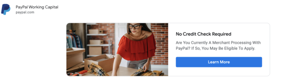 A banner email ad for PayPal Working Capital with a stock image and a button to learn more.