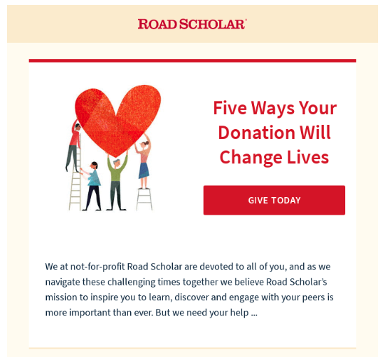 An email from Road Scholar highlighting donor impact and encouraging additional contributions.