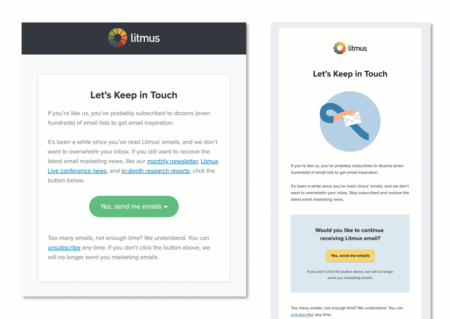 Litmus' own email a/b test with an old style text-heavy email vs a new fresh visual-heavy email