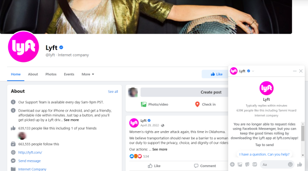 Lyft's Facebook page with an AI-run chat box
