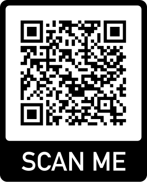 framed black and white qr code with "scan me" at the bottom