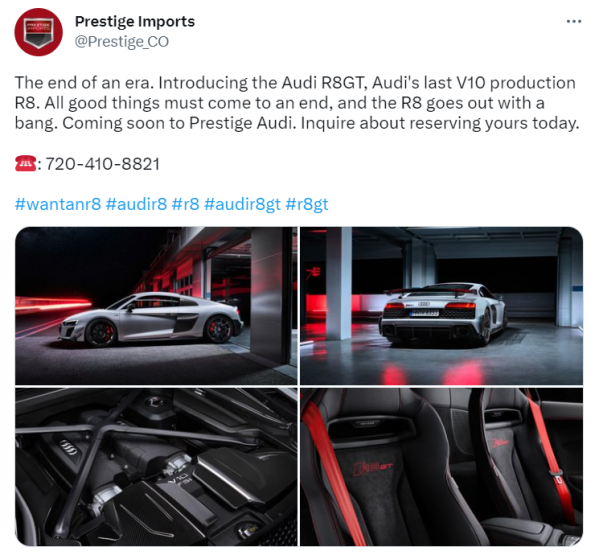 hashtag #wantanR8 in a Prestige Imports Tweet about the end of Audi's R8GT series