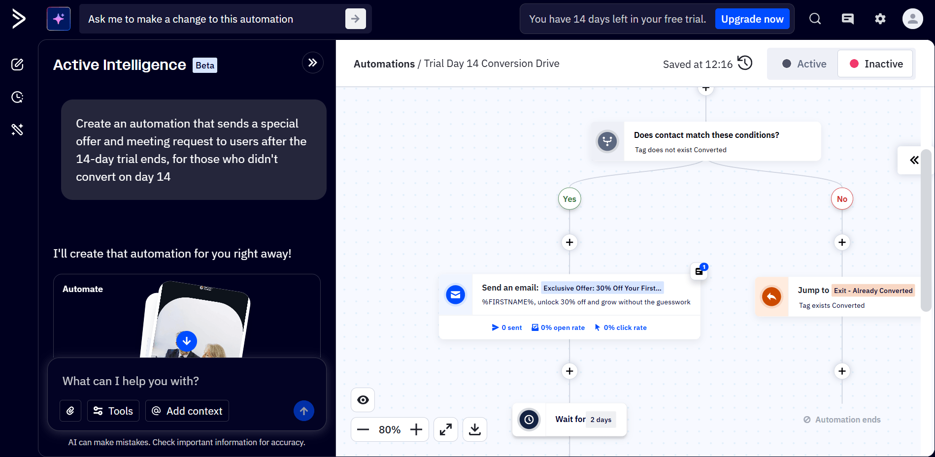 Image showing ActiveCampaign&rsquo;s automation builder with Active Intelligence chat and a multi-step workflow