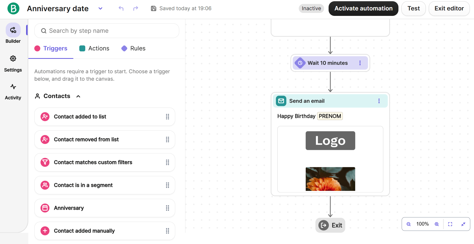 Image of Brevo's email autoresponder tool showing a custom template along with the trigger list inside the automation builder