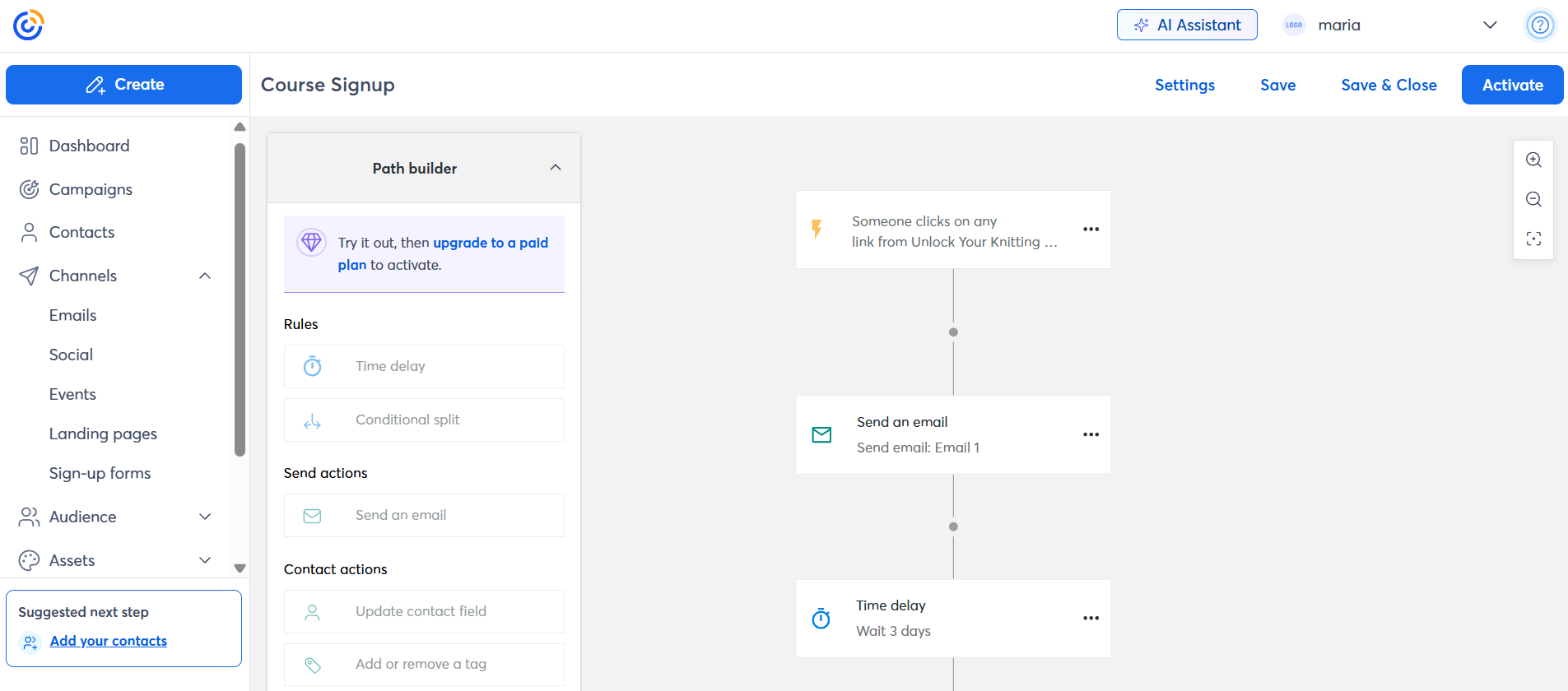 Screenshot displaying Constant Contact's automation path builder with a ready-made workflow, plus a list of actions and rules to customize it