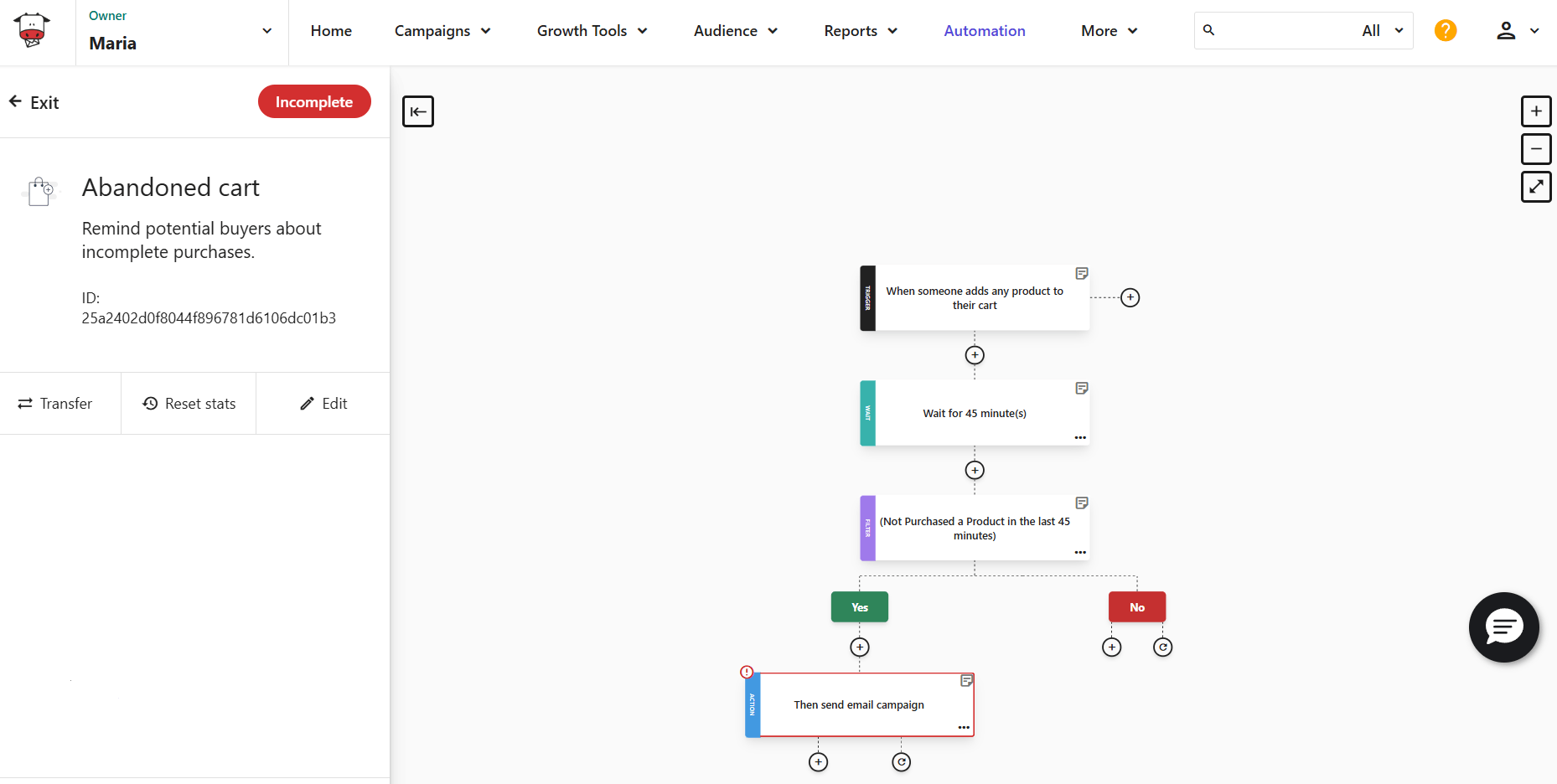 Screenshot of Moosend&rsquo;s automation builder, featuring a ready-made workflow with filter and time delay