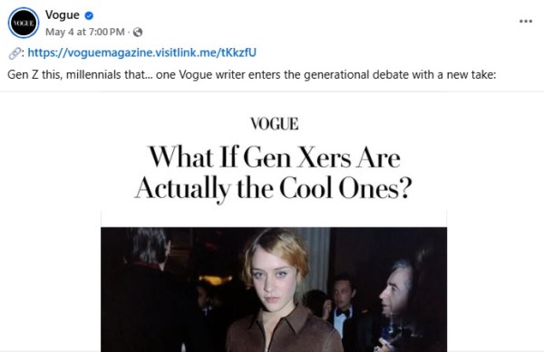 A Facebook post from Vogue magazine promoting a website article, emphasizing marketing channel integration.