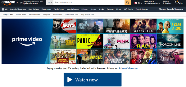 Amazon Prime Video homepage showcasing its consistent branding and logo, a hallmark of omnichannel marketing.