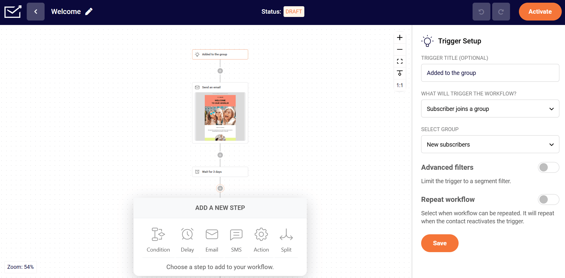 Image displaying Sender's automation creator with a pre-made flow along with various step options and a panel to select triggers