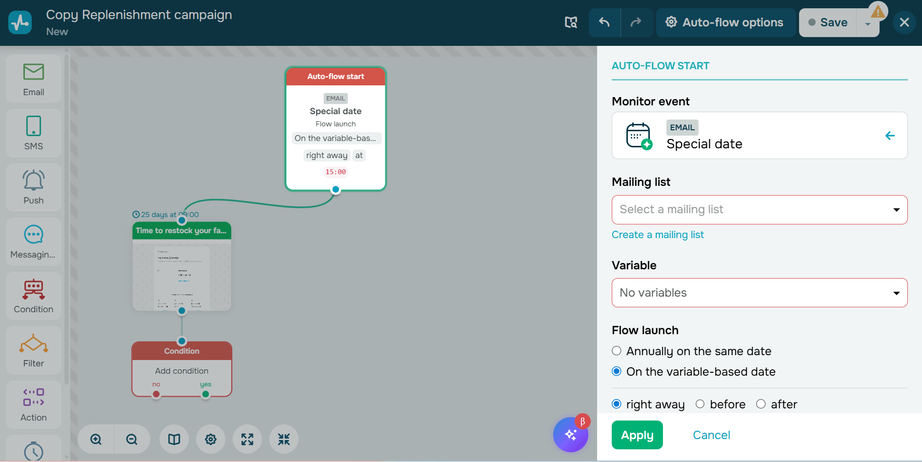 Image showing SendPulse's automation builder with a ready-made workflow, including a right-side panel with event triggers, conditions, and action steps