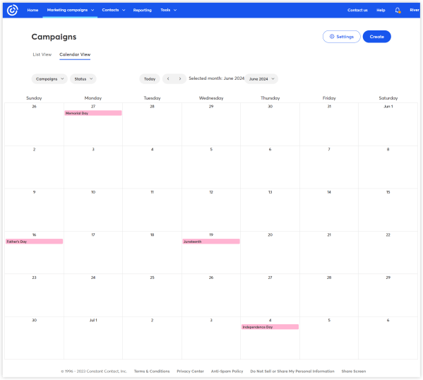 Constant Contact's in-product content calendar