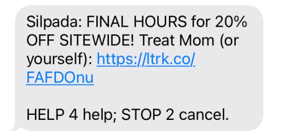 A text message from Silpada promoting their Mother's Day sale. 