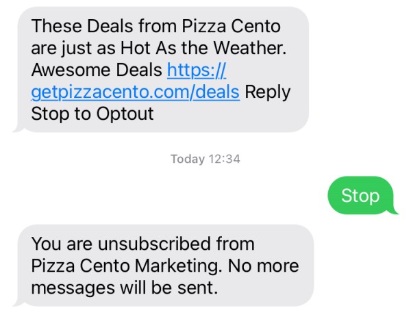 SMS sales texts from Pizza Cento in Morristown, NJ. The recipient opts out and Pizza Centro confirms they're unsubscribed.
