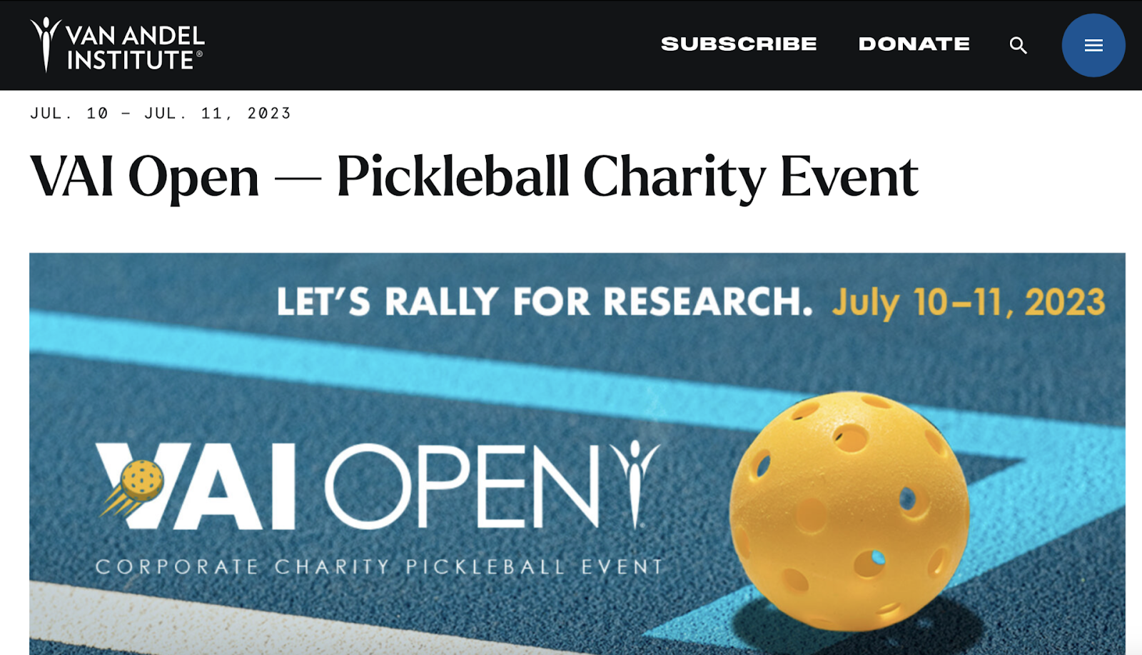 Van Andel Institute pickleball charity event fundraising ad