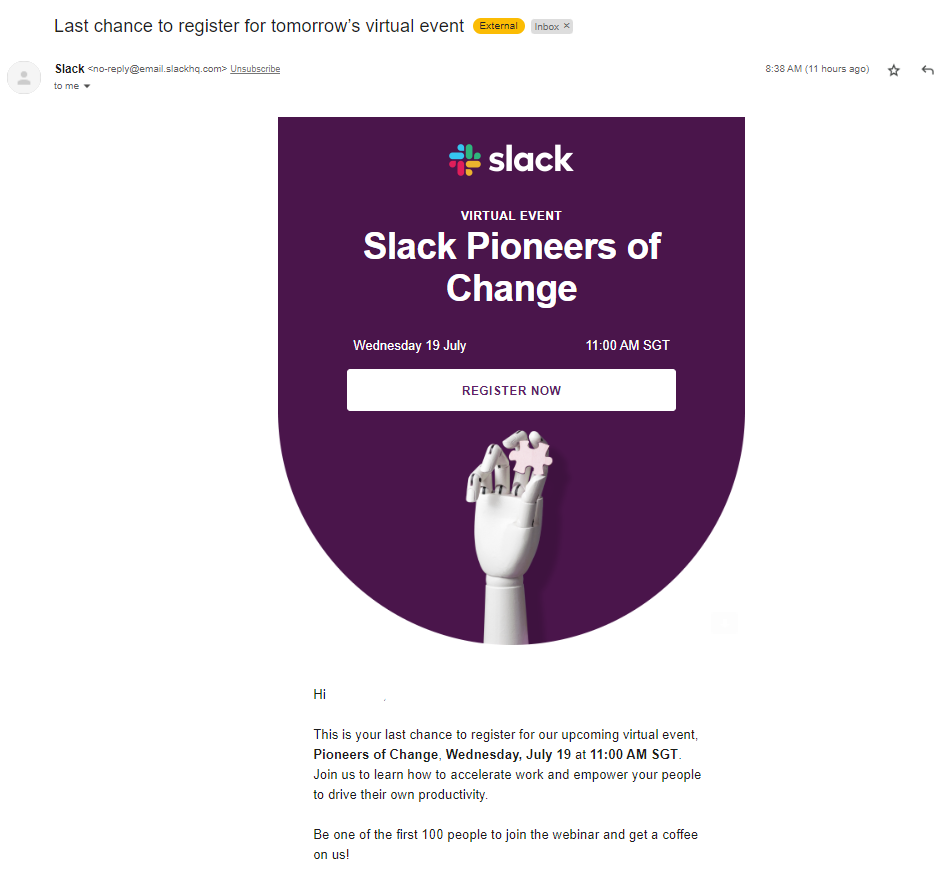 This is an example of an event invite sent in an email by Slack.