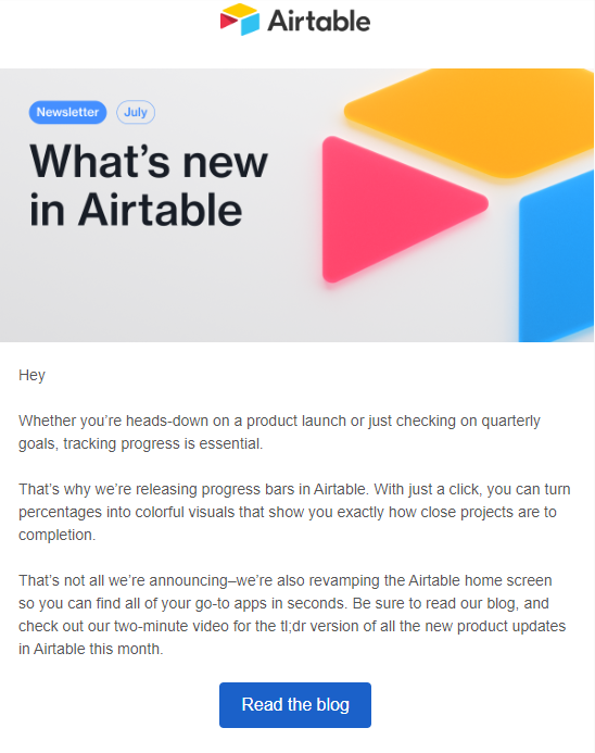This is an image showing a B2B email marketing newsletter Airtable sent out.