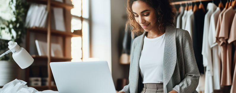 Event follow up email header business woman standing at desk