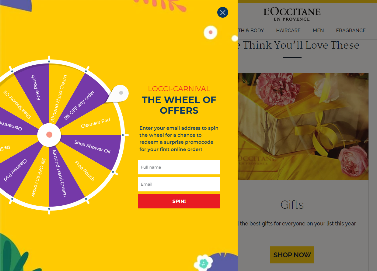 Pop-up banner to receive a promo code from L'Occitane 
