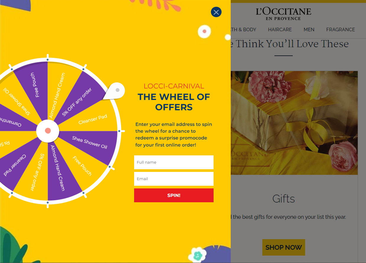 Pop-up banner to receive a promo code from L'Occitane