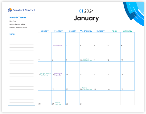 This is an example of Constant Contact's 2024 content calendar.