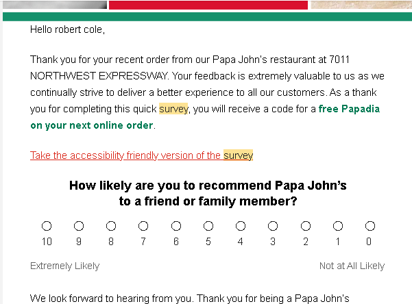 The screenshot image shows an example of Papa John's customer feedback survey and the incentive offered to customers who complete the survey.