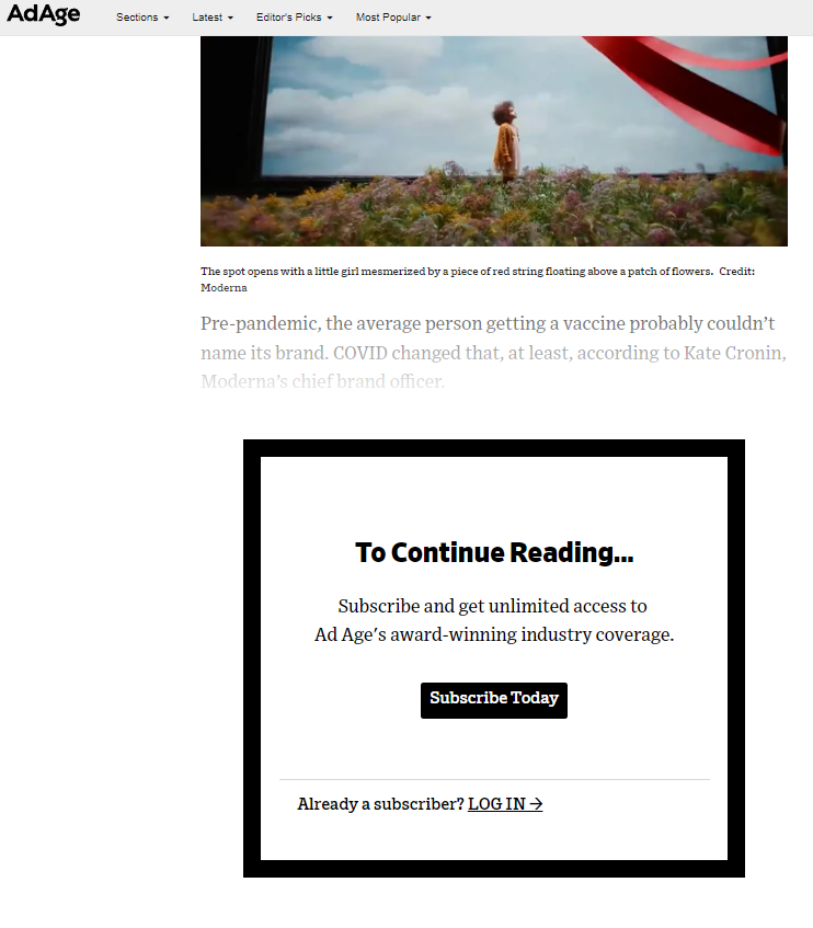 Pop-up indicating gated content from Ad Age