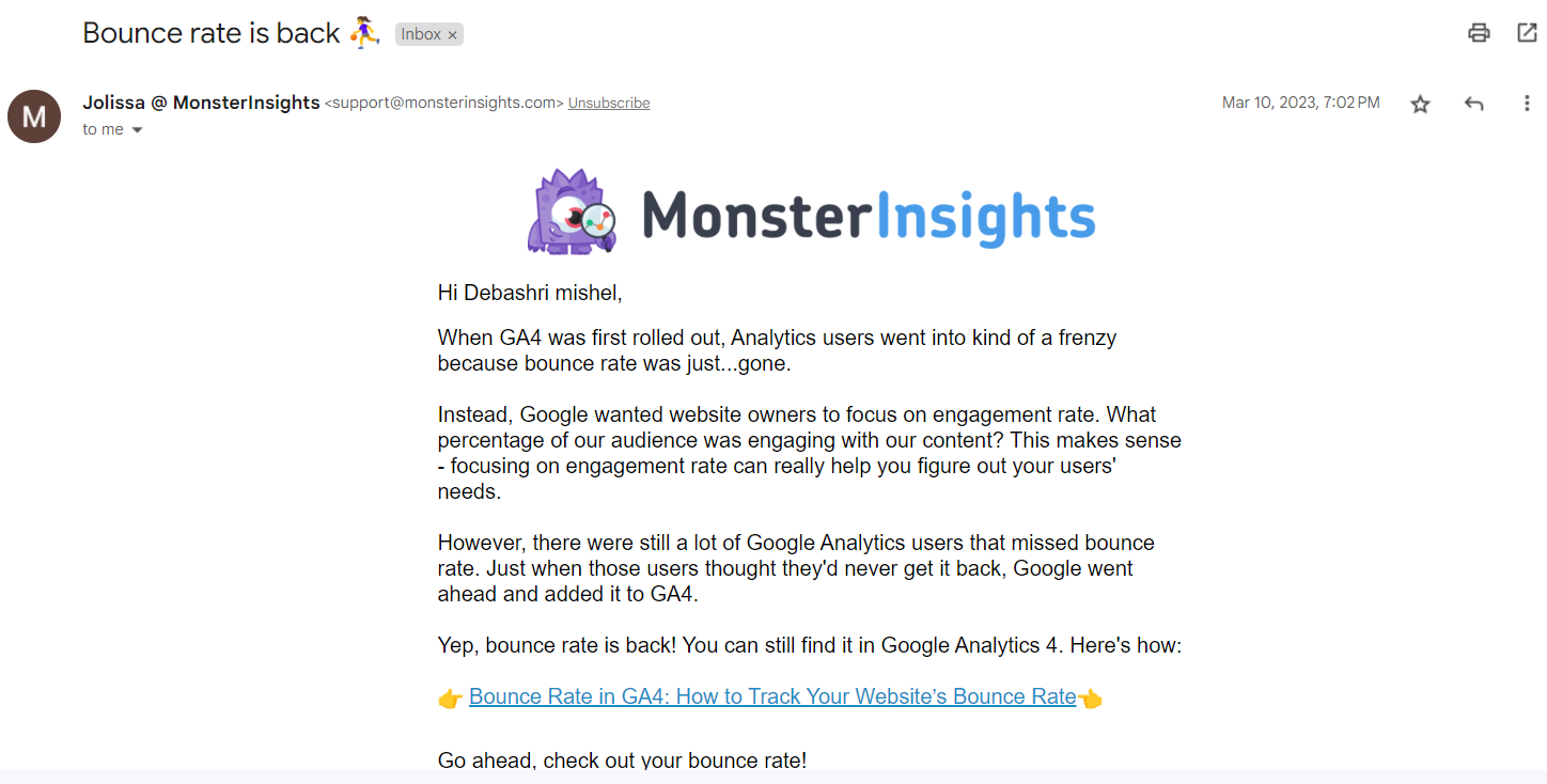 This image is an example of an email newsletter by MonsterInsights.