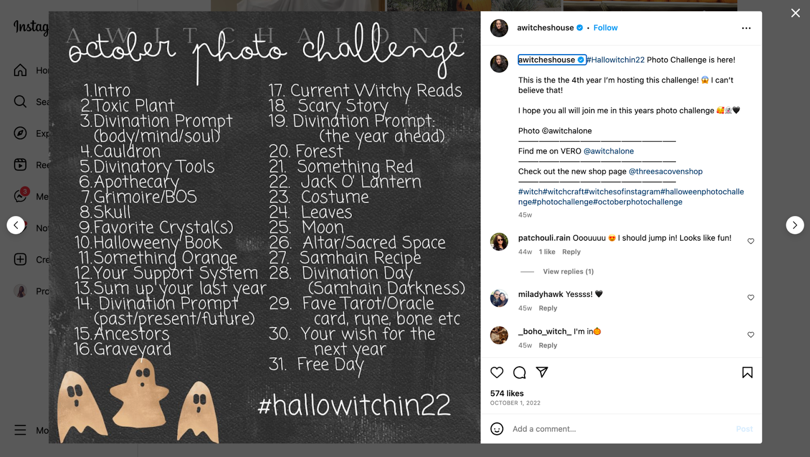 The Halloween Instagram photo challenge image shows an example of using a set duration and frequency for your Instagram photo challenge.