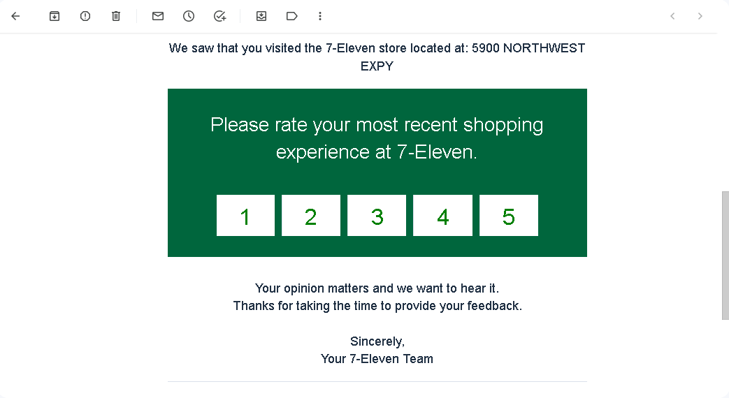 The screenshot image shows an email with a customer feedback survey from 7-Eleven.