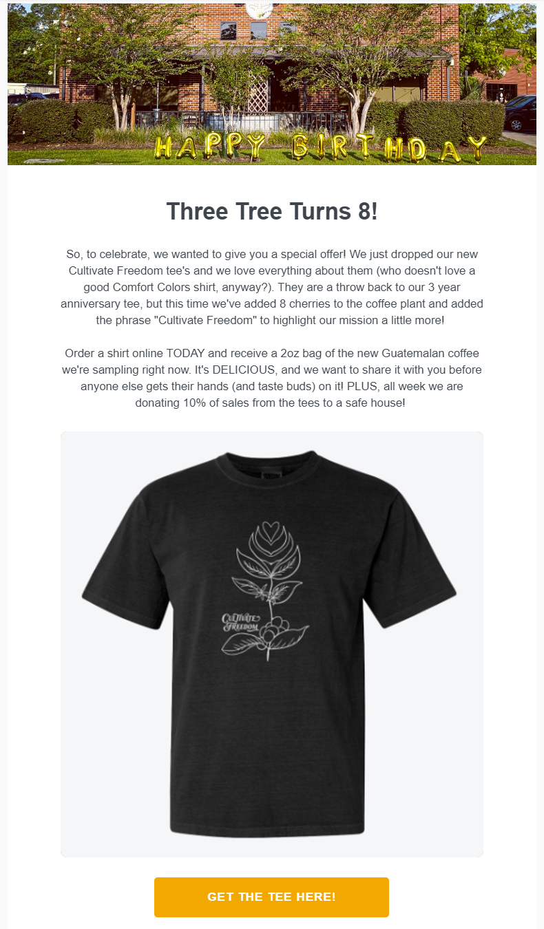 Use this Three Tree Coffee Roasters business anniversary email to generate email marketing ideas for your coffee shop