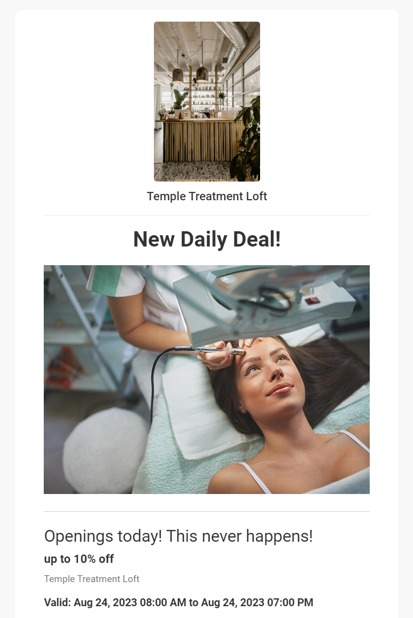 Use this Temple Treatment Loft promotional email to generate email marketing ideas for flash sales