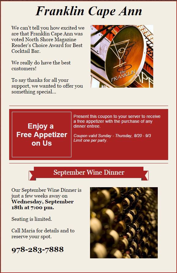 Use this thank You email from The Franklin to generate email marketing ideas for your restaurant